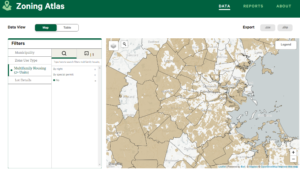 The MAPC map shows Boston hemmed in by communities that do not allow multifamily housing as-of right. Notable exceptions occur in Cambridge, Somerville, Concord, Wayland, Dedham, Westwood, Malden and Melrose.