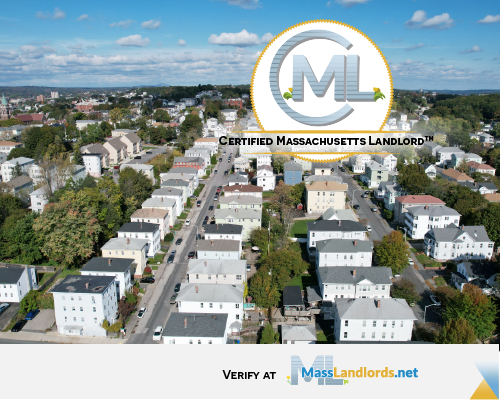 Drone footage of a multifamily neighborhood showing the Certified Massachusetts Landlord foil seal and instructions to verify this landlord at MassLandlords.net/lookup