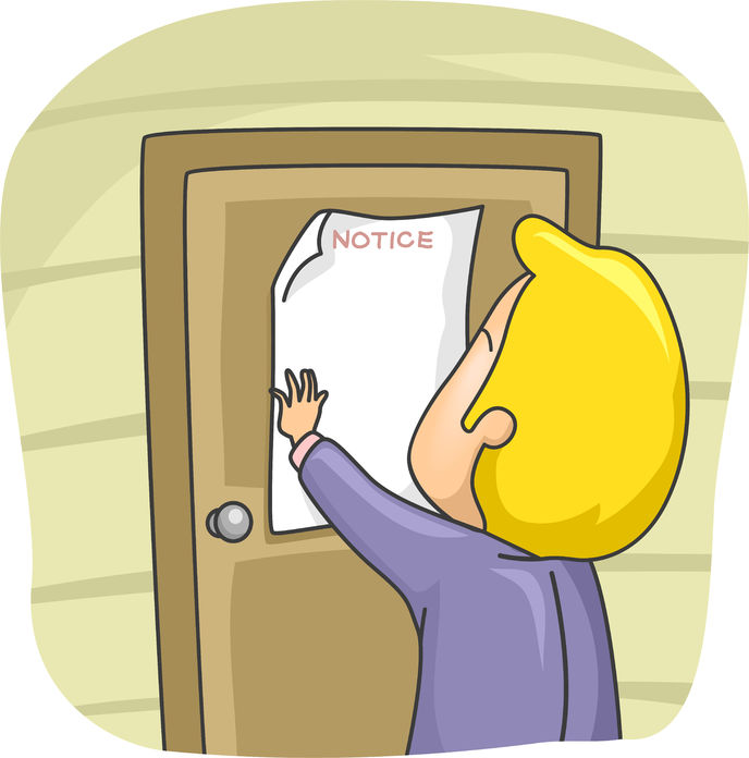 A person holds a piece of paper up to a door to tape it there. The paper says 'notice' across the top.