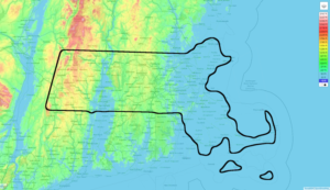 The Pioneer Valley in western Massachusetts floods under worst case sea level rise, as well as all of the eastern third of Massachusetts including the cape and islands.