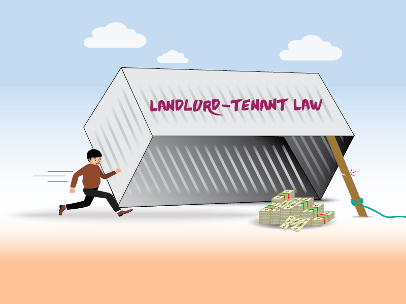 A landlord with a bowl haircut runs toward a pile money, which sits underneath an open shipping container labeled Landlord-Tenant Law. The container is propped up by a stick, attached to which is a rope leading off screen. Someone off screen is prepared to pull the rope and trap the landlord.