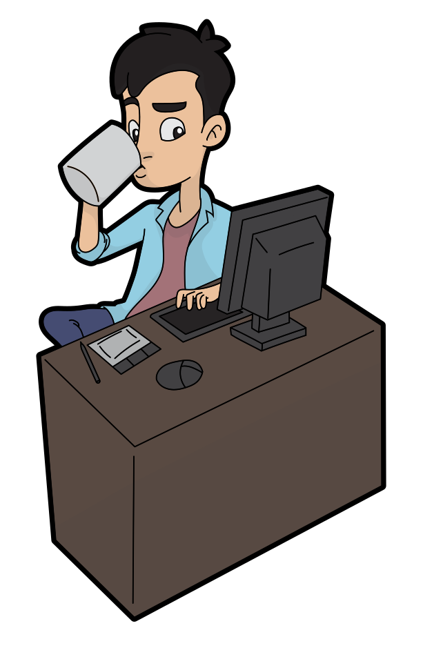 cartoon of guy at computer