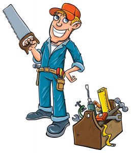 A cartoon handyman holds a wood saw and smiles broadly next to a toolbox overflowing with woodworking tools.