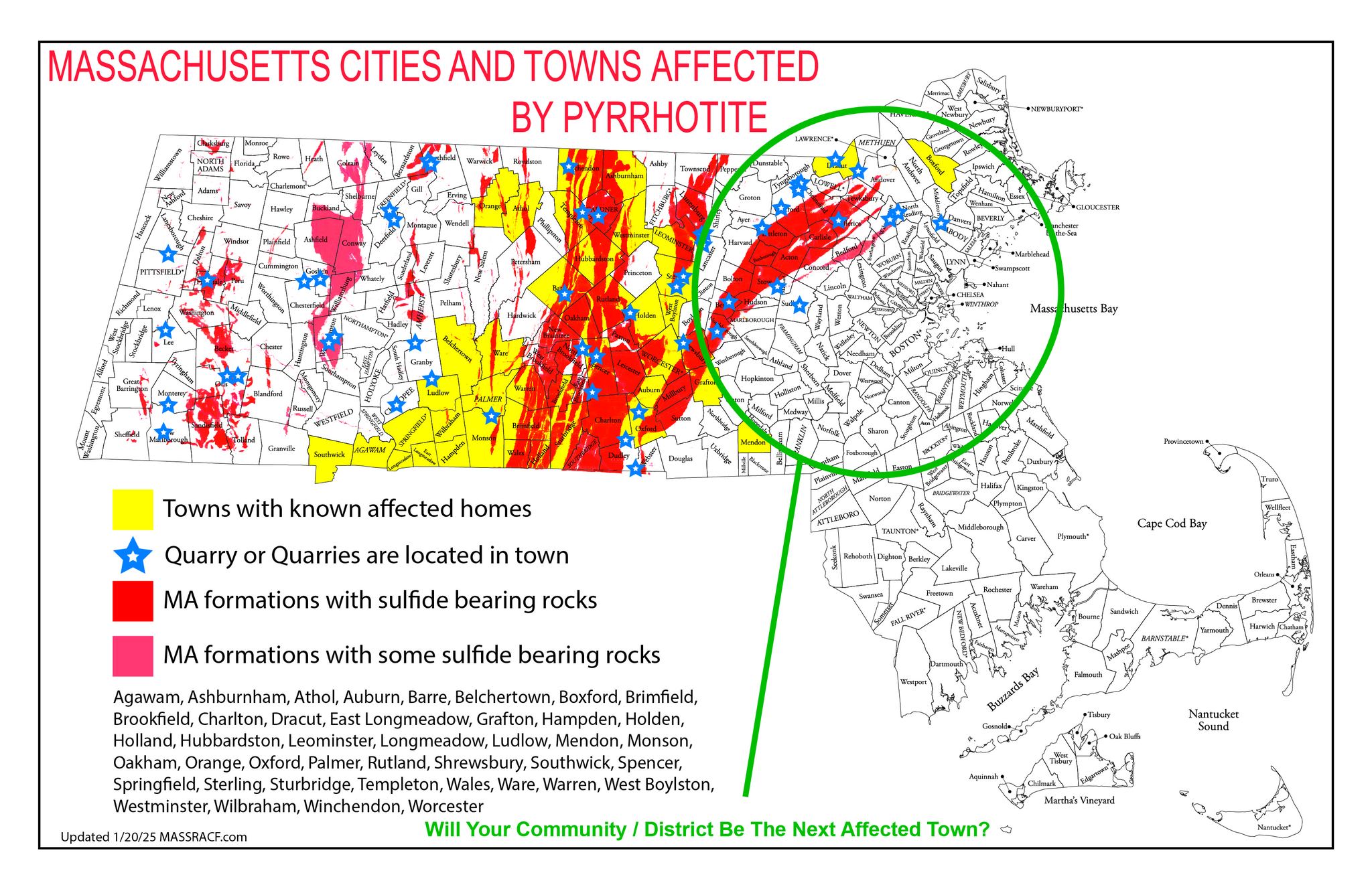 A map of Massachusetts with cities and town boundaries shows areas affected by pyrrhotite damage in yellow, and areas with pyrrhotite in rock formations in red. The affected area is mostly central Massachusetts, moving up toward the northeast portion of the state.