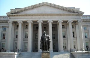 Photo of the front exterior of the U.S. Department of the Treasury building in Washington, D.C.