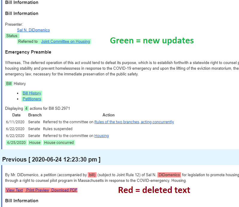 screenshot of the early warning system showing green is new text, red is deleted text