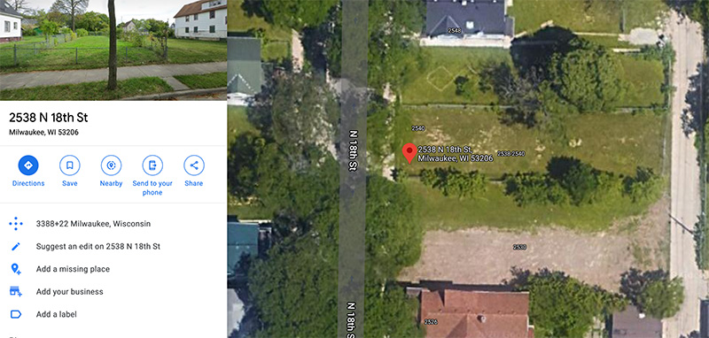 This image shows an aerial view of a narrow plot of bare land that once held two houses in Milwaukee. Grass and shrubs now grow over the lot. Houses stand on either side of it. A map key on the left hand side of the image is white box that shows the address. Above this box is a street view of the same lot, with white houses on either side of it.