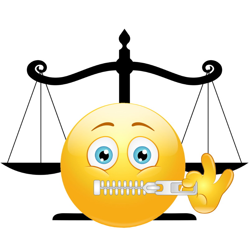 A emojii face zippers its mouth shut in front of the scales of justice.