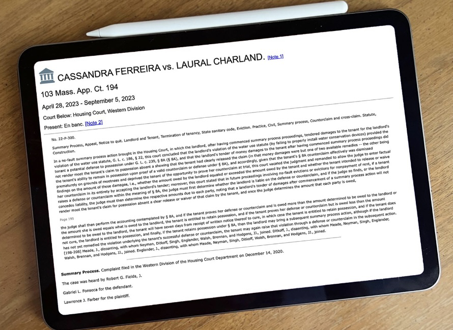 image of an appeals court case docket front page, from Ferreira v. Charland, embedded within an iPad screen.