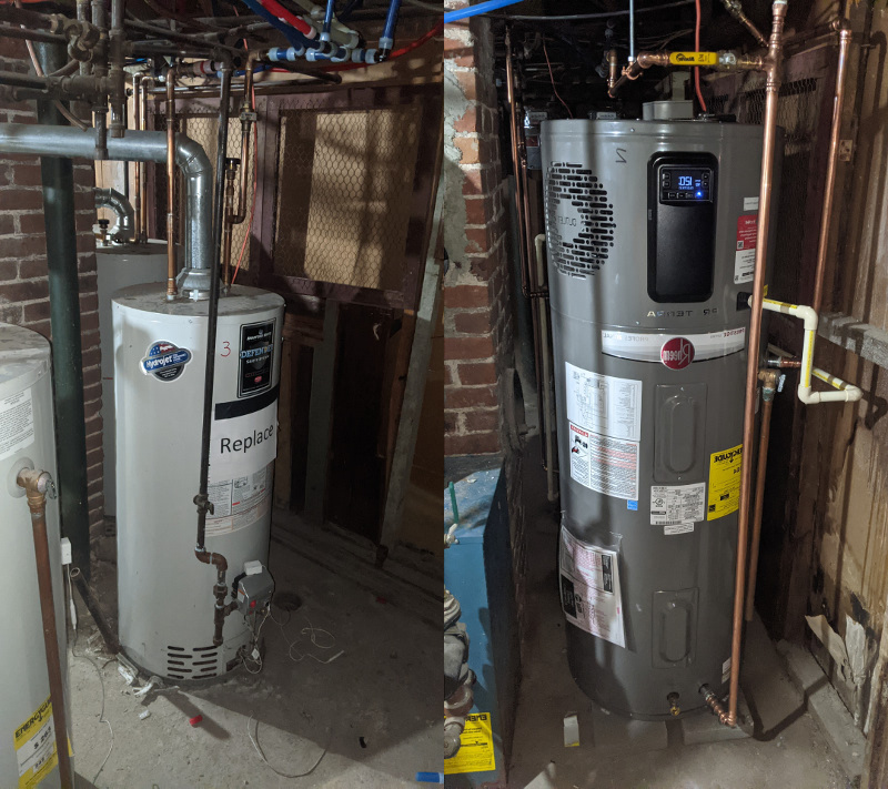 Comparison of Bradford White gas water heater with Rheem heat pump hybrid water heater. Gas water heater is shorter, hybrid is taller but still fits into basement without modification.