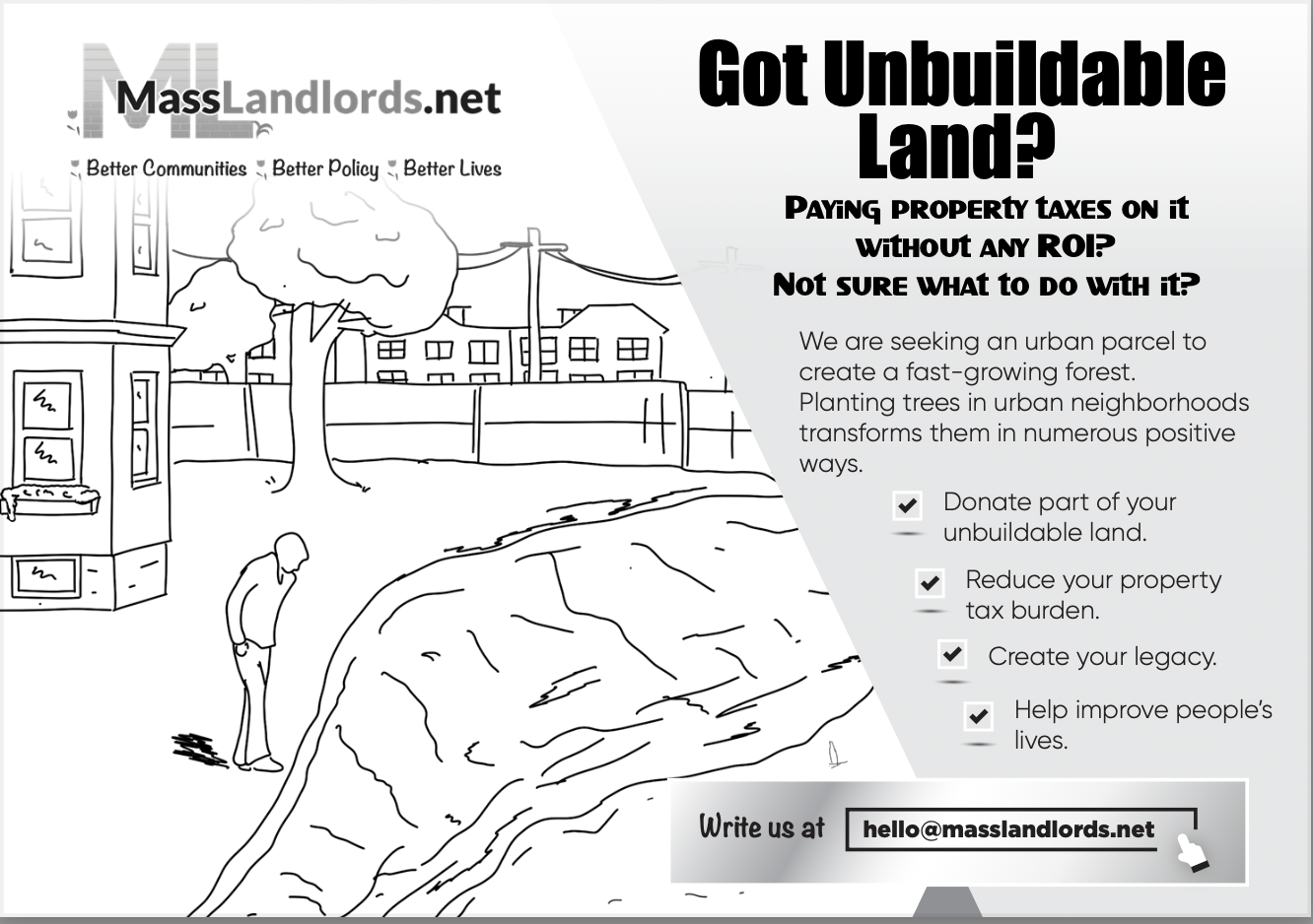 the front of a black and white postcard. On the left is a line drawing showing a man looking down into a shallow ravine. Behind him is the corner of a house on the same lot, with a fence and cityscape in the background.