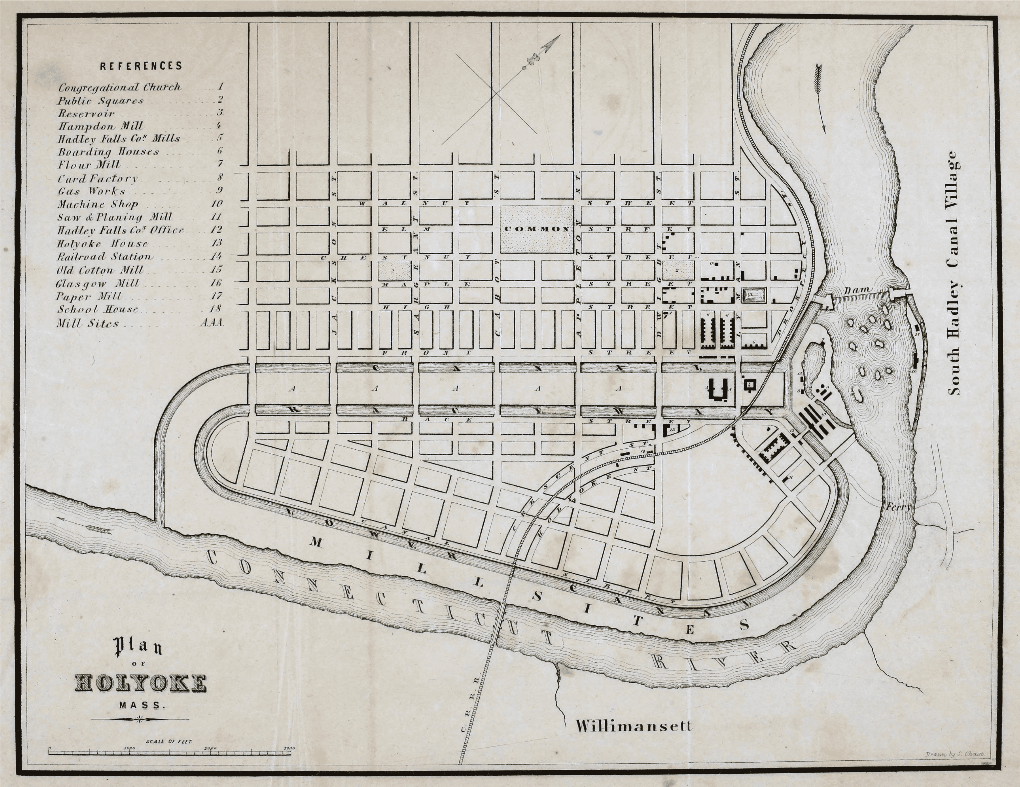 A map shows the grid of Holyoke streets nestled in among the Connecticut River. Canals cut into the city power mills and provide freight access.