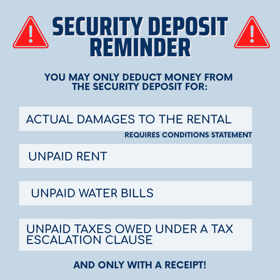 A text graphic reads: “Security Deposit Reminder. You may only deduct money from the security deposit for: actual damages to the rental (requires conditions statement); unpaid rent; unpaid water bills; unpaid taxes owed under a tax escalation clause – and only with a receipt!