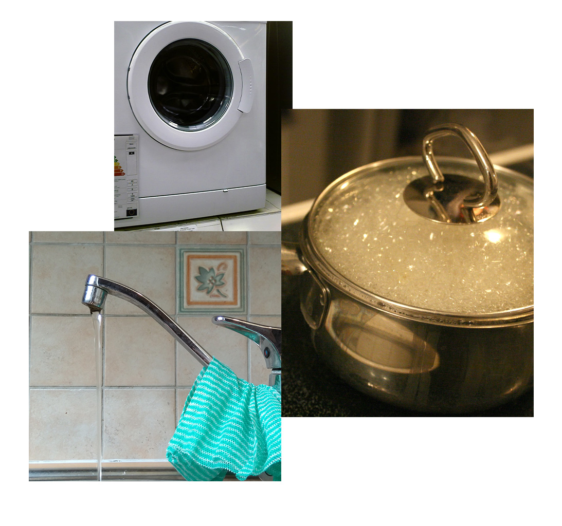 a composite of three photos: 1) a washing machine; 2) a pot with boiling water; 3) a running kitchen faucet.