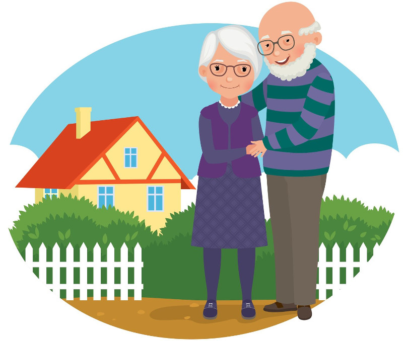 Cartoon drawing of an elderly man and woman smiling, holding each other, and standing in front of a house with a white picket fence and shrubbery. Licensed 123rf.