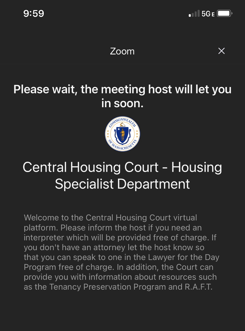 screenshot of the housing court zoom waiting room; note that it advises renters and landlords about their right to an interpreter, lawyer for the day, rental assistance, etc.