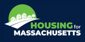 The Housing for Massachusetts campaign logo. A set of houses sit on a hill. The houses are decarbonized, as evidenced by the lack of chimneys. There is a green tree. A road to the future frames the neighborhood.