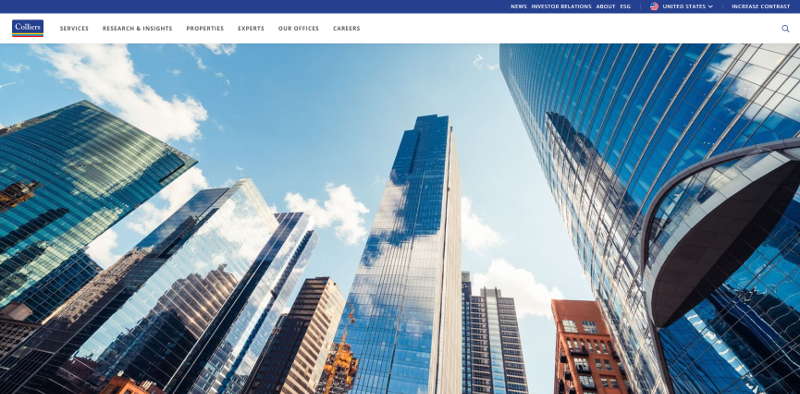 Colliers advertises services, research & insights, properties, experts, multiple offices, careers, news, investor relations, and suggests work towards environment social and governance goals. Five glass high rises each over 25 floors reflect clouds passing far above ordinary people.