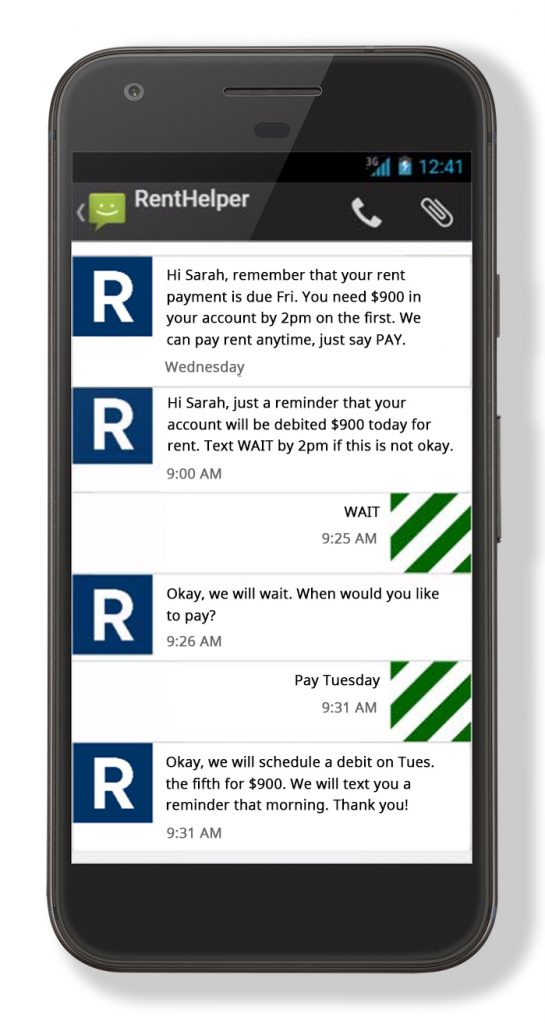 smart phone with text message reminder and conversation about rent being due.