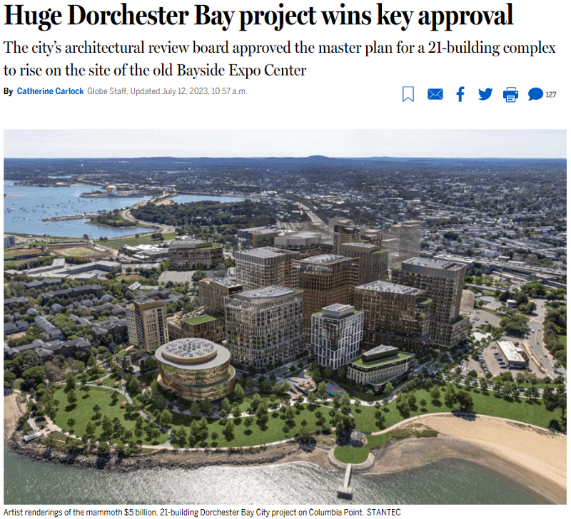Alt: Huge Dorchester Bay project wins key approval. The city’s architectural review board approved the master plan for a 21-building complex to rise on the site of the old Bayside Expo Center. An image shows a very low-lying development of lots of skyscrapers adjacent to the ocean. There is no flood protection infrastructure visible.