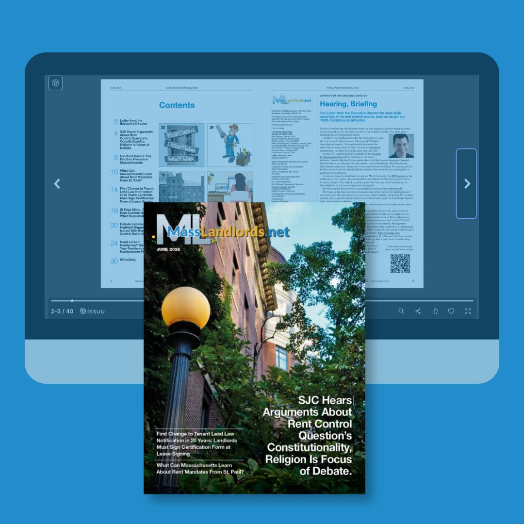 A composite image shows a flip-book view of the June 2026 issue of the MassLandlords newsletter in a computer monitor screen. An inset of the cover is superimposed over a portion of the image.]