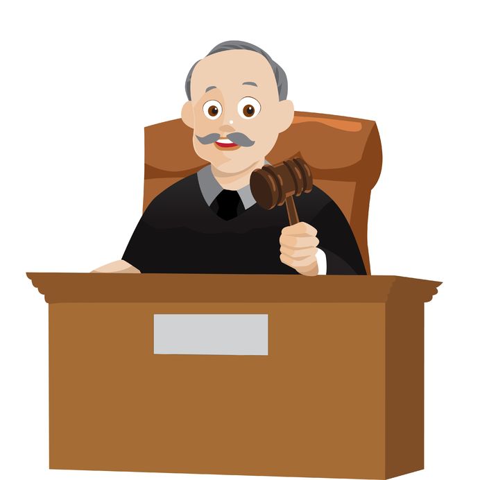 cartoon of a judge on the bench smiling and holding a gavel