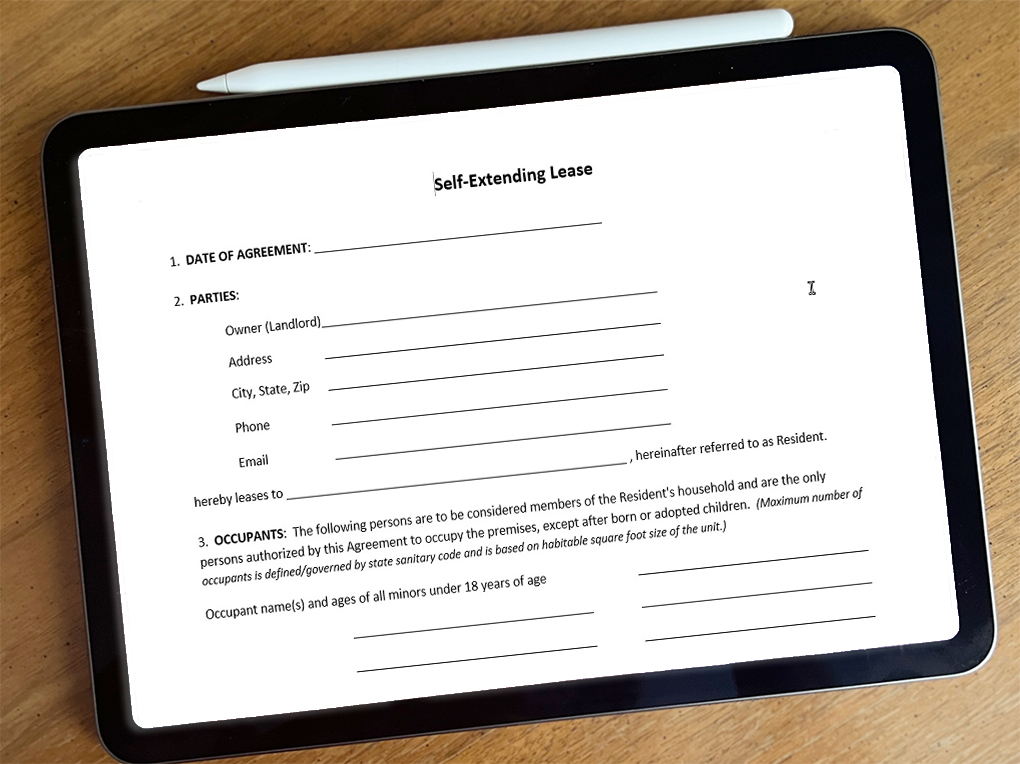 a partial page of a blank self-extending lease form is shown on an iPad screen. Fields for the agreement date, owner contact information, and lessee and occupant information can be seen.