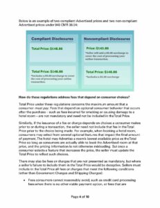 illustration demonstrating the correct and incorrect to advertise a product in compliance with the state’s new junk fee regulation. The first two left-side panels are labeled “Compliant Disclosures” with one panel reading “Total price: $148.86”, contrasted with a panel under “Noncompliant Disclosures” with a panel reading “Price: $143.86, *Seller will add a $5.00 surcharge to cover the cost of processing your online transaction.” The second compliant disclosure panel reads “Total price: $148.86, *includes a $5.00 surcharge to cover the cost or processing your online transaction,” contracted with a noncompliant disclosure panel reading “Total price: $148.86, *includes a $5.00 surcharge.”