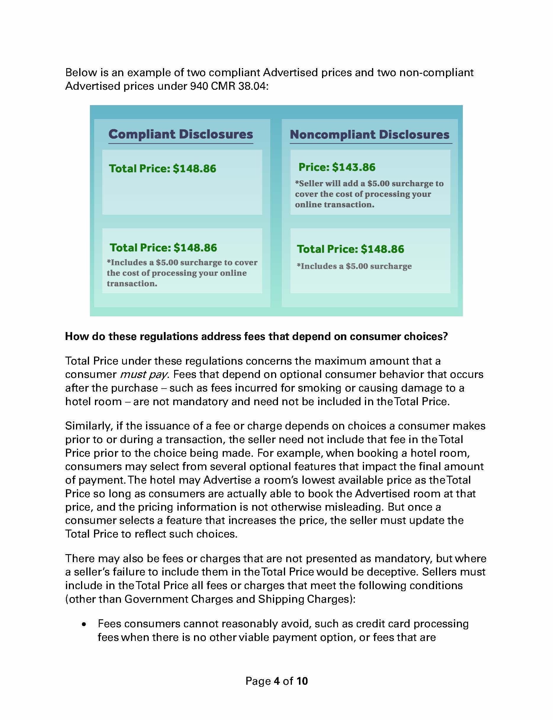illustration demonstrating the correct and incorrect to advertise a product in compliance with the state’s new junk fee regulation. The first two left-side panels are labeled “Compliant Disclosures” with one panel reading “Total price: $148.86”, contrasted with a panel under “Noncompliant Disclosures” with a panel reading “Price: $143.86, *Seller will add a $5.00 surcharge to cover the cost of processing your online transaction.” The second compliant disclosure panel reads “Total price: $148.86, *includes a $5.00 surcharge to cover the cost or processing your online transaction,” contracted with a noncompliant disclosure panel reading “Total price: $148.86, *includes a $5.00 surcharge.”