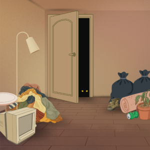 A cartoon image shows a dimly lit room with a closet door ajar. Cat eyes peer out from the closet. In the room, are various discarded items, including laundry, a computer monitor, trash bags and a lamp.