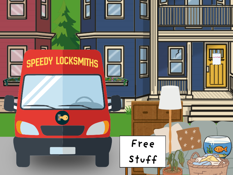 A cartoon image shows two triple decker houses side by side. The one on the right has an “eviction” notice on the front door. A red van in a driveway out front reads “Speedy Locksmiths,” and at the edge of the lawn are a dresser, couch, fish bowl, lamp, laundry basket and dead plant, along with a sign that reads “free stuff.”