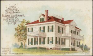 An antique full-color trade card features an image of a large white house with vibrant red roof and green shutters. The text reads “Suggestion for house painting with National Lead Company’s Brands of Pure White Lead and Tinting Colors.” A color guide for the house reads as follows. Body: white. Trim: white. Roof: No. 122. Blinds: Light bronze green. The image is attributed to Armstrong & Co., Boston, in small font at the bottom of the card.