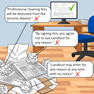 A cartoon image shows a wastebasket in the foreground, full of and surrounded by crumpled paper. Text boxes connecting to three of the paper balls read “Professional cleaning fees will be deducted from the security deposit”; “By signing this, you agree not to sue Landlord for any reason”; and “Landlord may enter for any reason at any time with no notice.” Each of these phrases has a red “x” beside them. In the background, a desk with a computer monitor displays the MassLandlords rental agreement form with a green check mark next to it.