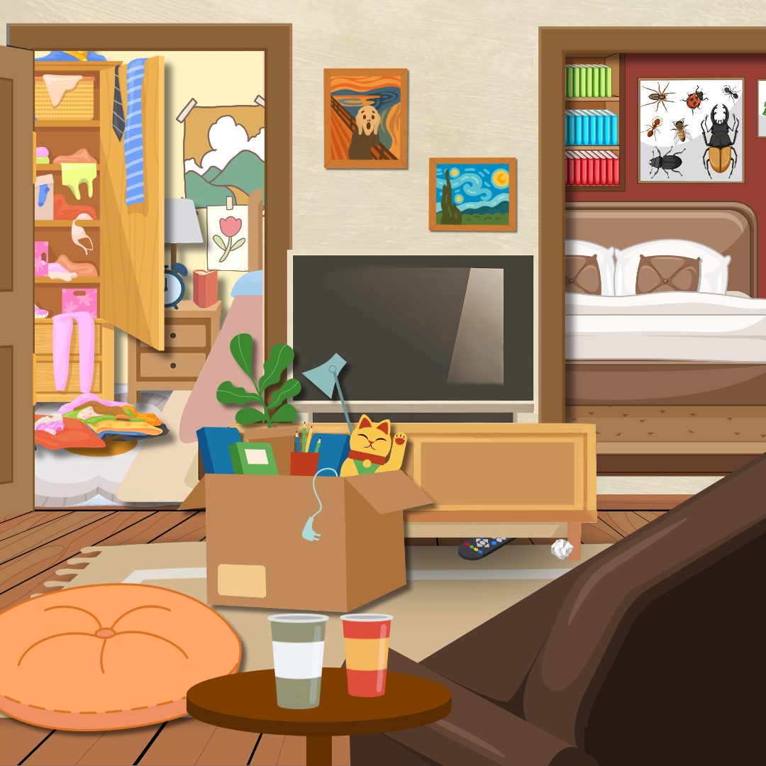A cartoon image shows a living room with a sofa sitting at an angle in front of a TV. A box full of small objects sits in front of the TV. Two bedrooms are visible, with doors open. The room to the left is messy, with clothes spilling out of a cabinet. The one to the right is very neat, with organized shelves of books.