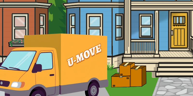 A cartoon image shows portions of two triple-decker houses side by side. A moving truck labeled âU Moveâ is in front of the house on the right. Some moving boxes are stacked by the front walk.