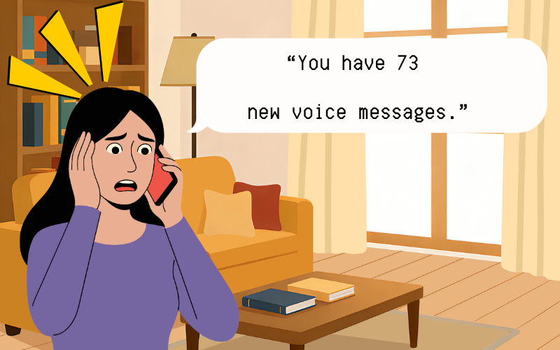 A cartoon image shows a stressed-out looking woman with long dark hair standing in a living room holding a phone to her ear. The text bubble next to the phone reads “You have 73 new voice messages.”