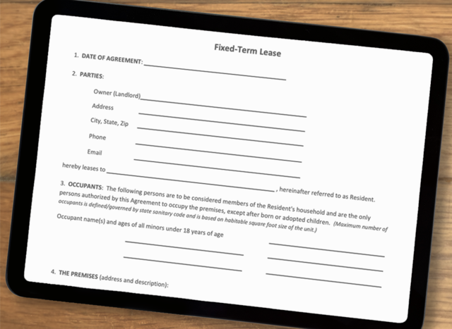 An iPad sits on a wooden tabletop. The first page of a blank fixed-term rental agreement is visible on the screen.