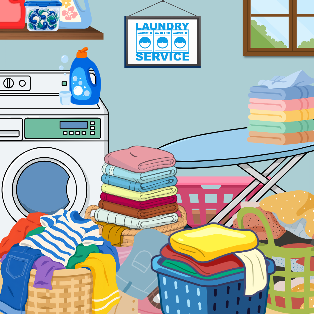 A cartoon image shows a washing machine and ironing board with multiple baskets of laundry in front of and on the visible surfaces. A sign on the wall reads “Laundry Service.”