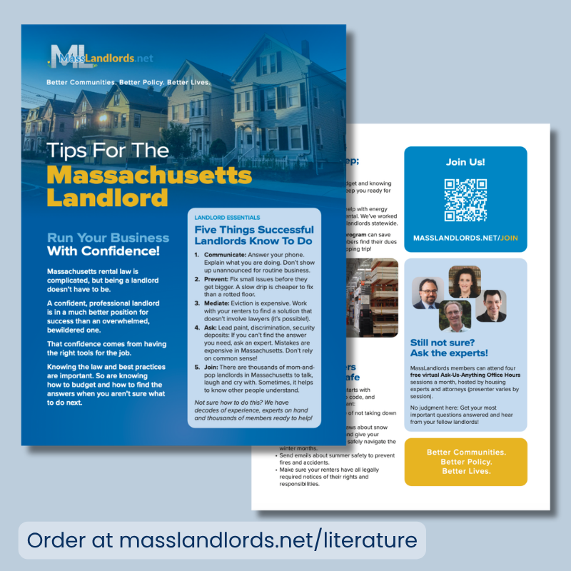 Two images, one of the front of the Landlord Tips flyer and one of the back, appear against a pale blue background, along with the text âorder at masslandlords.net/literature.