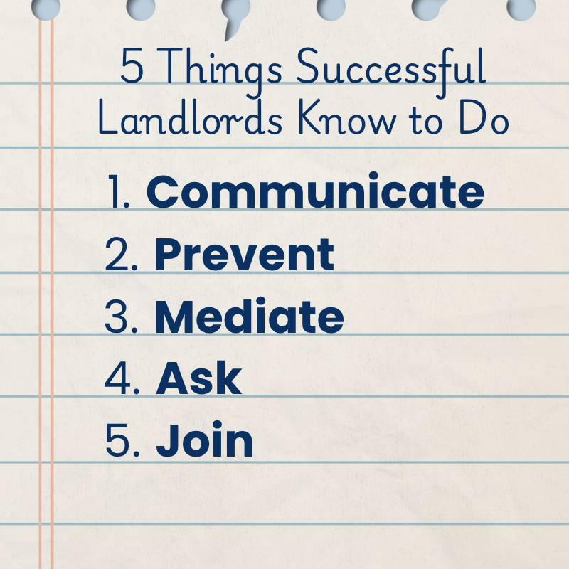 A numbered list against a background that looks like notebook paper reads: âFive things successful landlords know to do: 1. Communicate, 2. Prevent, 3. Mediate, 4. Ask, 5. Join.
