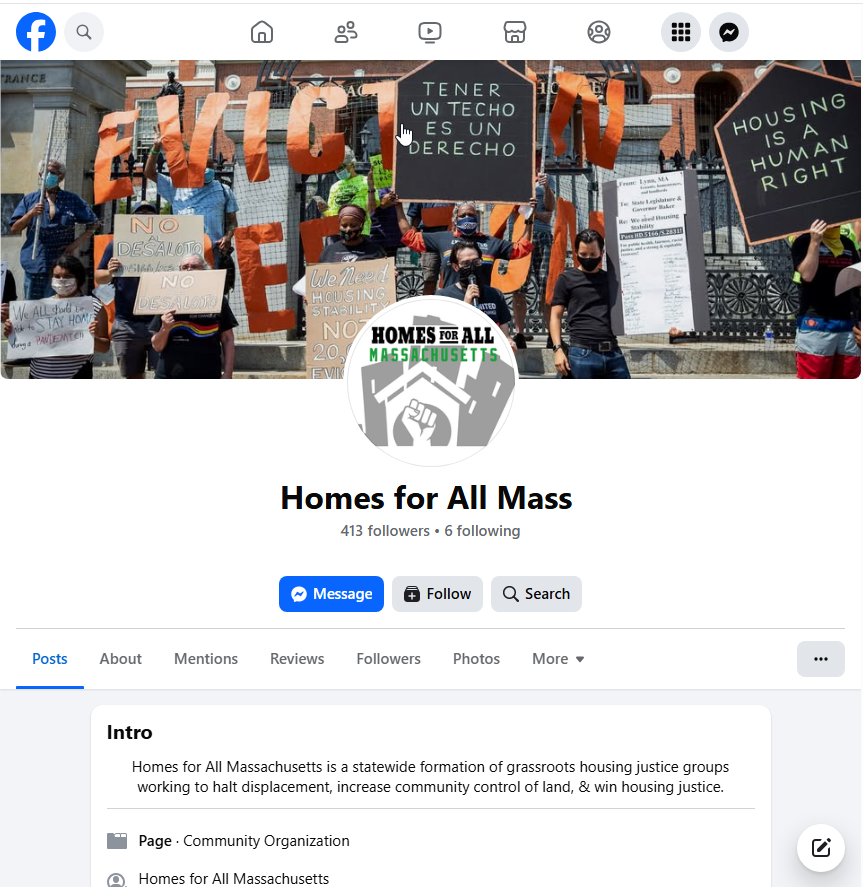 The Facebook banner image shows a protest outside the state house. Masked supporters hold signs. One sign reads in Spanish, “tener un techo es un derecho.” Another reads, “housing is a human right.”]