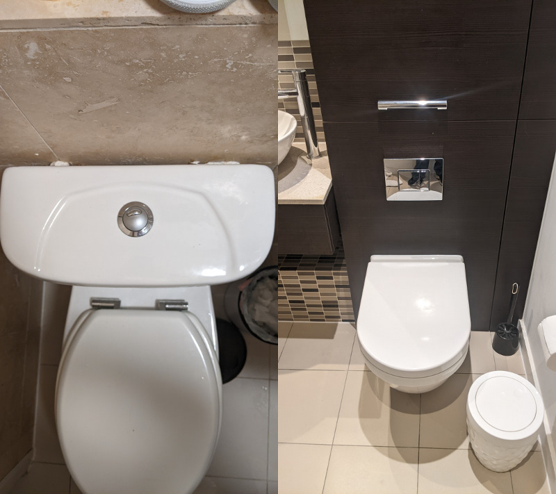One toilet has a round button on the top of the tank. The button is split, such that if you press both split halves you get the most water. Another toilet has a push-panel on the wall above it, with one large and one small panel.