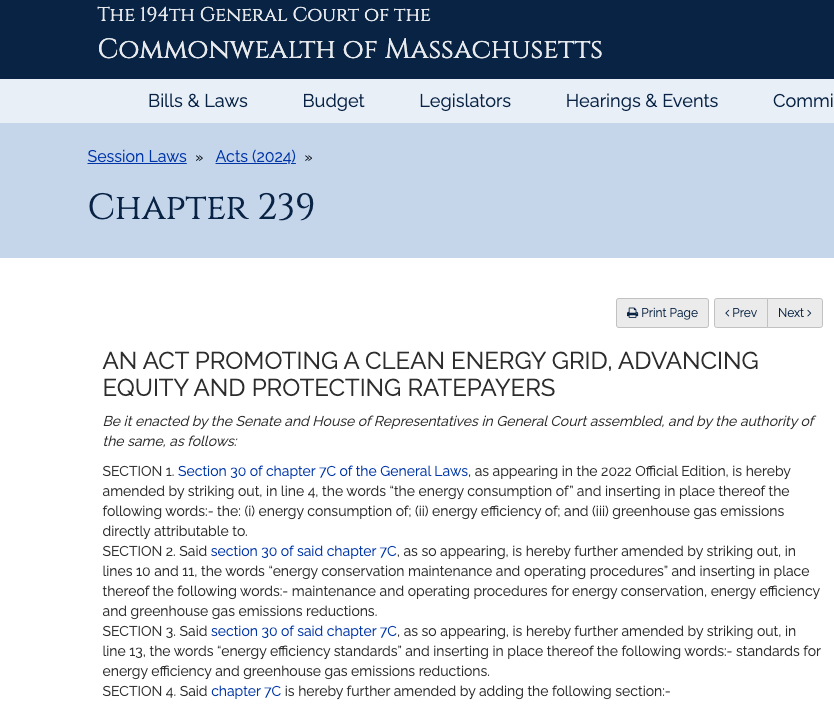 a screen shot of the new Massachusetts climate change law, Chapter 239 of the Acts of 2024.