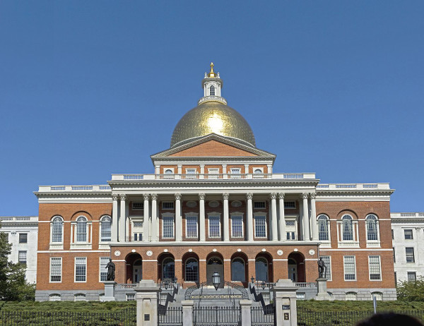 The Massachusetts State House on Beacon Hill is fenced off to the public.