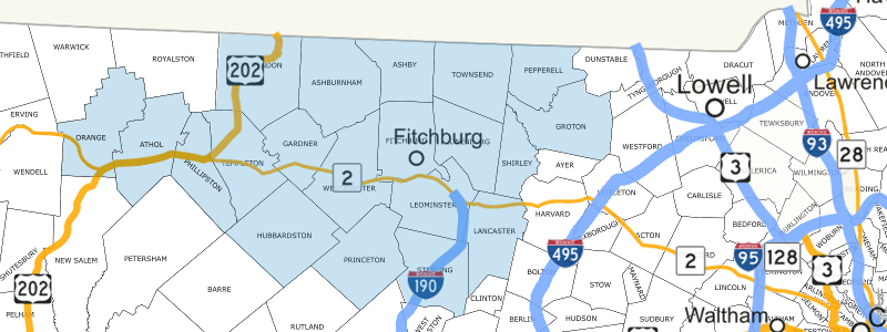 Map image of Northern Worcester County with Fitchburg, Gardner, Leominster, Athol, Holden, Ayer, Orange, Ashburnham, Spencer, Ashby, Lunenburg, Townsend, Westminster, Princeton, Sterling, Lancaster, Shirley, Groton, Pepperell, Winchedon, Templeton, Phillipston, and Hubbardston highlighted in blue.