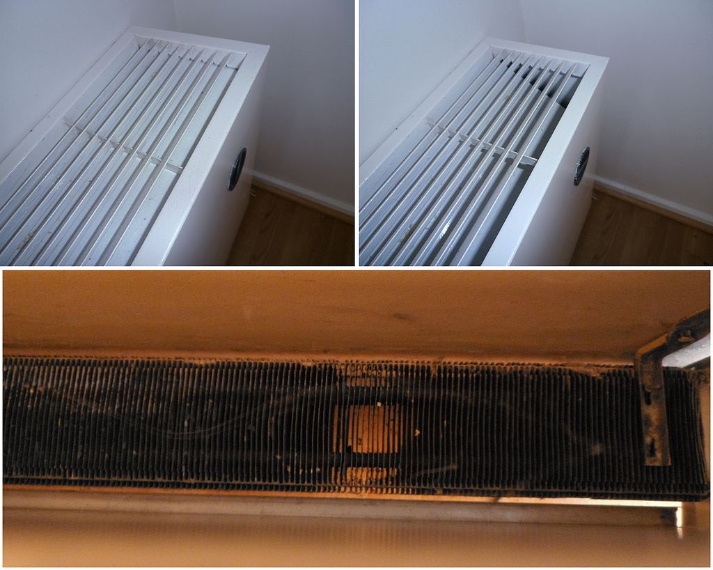 Three close up photos of a baseboard radiator. The top two frames show the unit’s white-painted cover in both closed and open modes. The bottom frame shows the inside of the radiator unit, a row of tightly aligned aluminum fins that radiate heat.