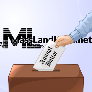 MassLandlords logo in black and white above a ballot box. A hand holding an annual ballot is putting the ballot into the ballot box.