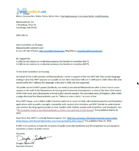 MassLandlords Submits Testimony in Support of RAFT Conditional on Public Records Click the pdf to read the text. This image contains a preview of the pdf showing the one-page letter with signature of Doug Quattrochi.