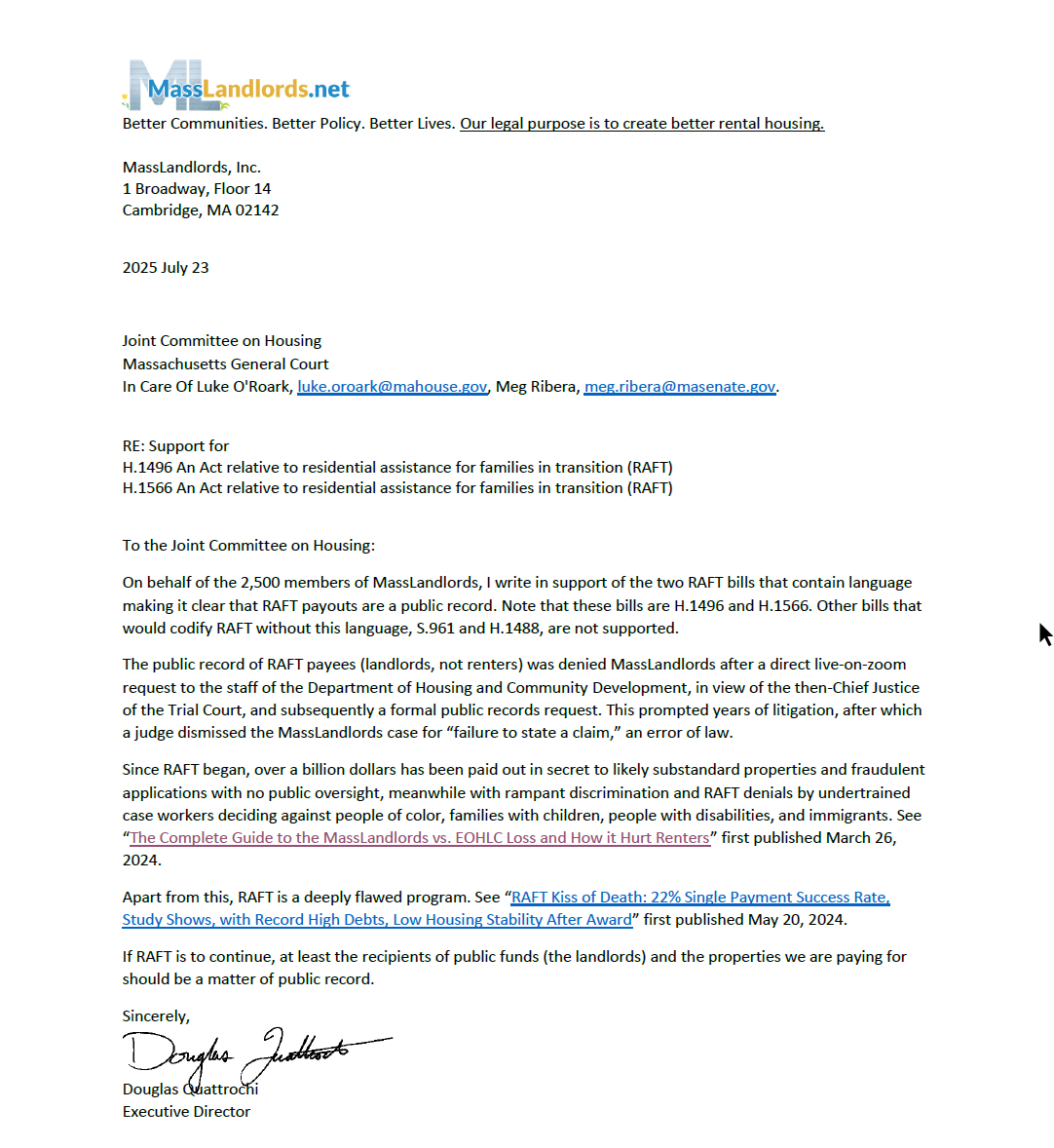 Click the pdf to read the text. This image contains a preview of the pdf showing the one-page letter with signature of Doug Quattrochi.