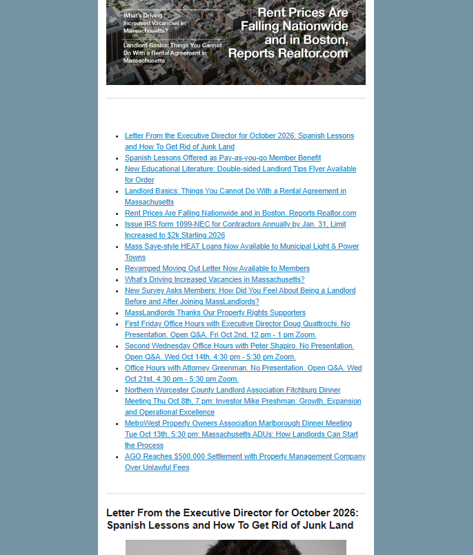 A screen shot shows a recent edition of our mobile format newsletter, with a portion of the cover visible at the top and a long list of articles below.